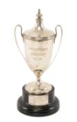 THE CRICKET CLUB HOUSE: SILVER CRICKET TROPHY, entitled ‘Brylcreem Cricket Cup’, plinth with