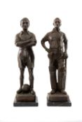 THE CRICKET CLUB HOUSE: PAIR PATINATED METAL SCULPTURES AFTER ÉMILE PICAULT, of a batsman on