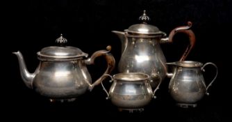 GEORGE V SILVER FOUR-PIECE BACHELOR TEA SET, Birmingham 1919 and 1924, baluster form