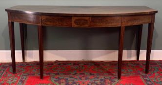 19TH C. MAHOGANY BOW FRONT SERVING TABLE, tablet centred flame mahogany frieze