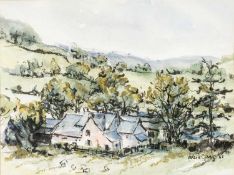 ‡ VALERIE GANZ (1936-2015) mixed media - landscape with farmhouse and sheep in the foreground