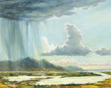 ‡ JOHN ADAMS oil on canvas - entitled verso, 'Downpour / Tywalltiaid', signed, 39.5 x 49.5cms