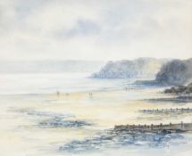 ‡ VALERIE GANZ (1936-2015) mixed media - vast coastal scene with figures walking on the shoreline