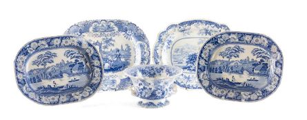 ASSORTED STAFFORDSHIRE BLUE & WHITE POTTERY, including four oval meat platters