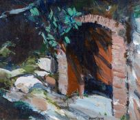 ‡ NEIL MURISON RWA (1930-2018) oil on board - entitled verso, 'Overgrown Entrance', signed