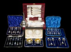 ASSORTED CASED SILVER & EPNS TABLE & FLATWARE, silver comprising pair of tripod salts and spoons,
