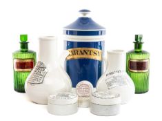 SELECTION OF VICTORIAN APOTHECARY/GROCERY COLLECTABLES including, two ribbed green glass bottles