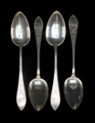 SET OF FOUR EARLY 20TH C. DANISH SILVER DESSERT SPOONS, J. P. J. 1904, bright cut foliate decoration