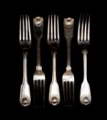 FIVE ANTIQUE SILVER TABLE FORKS, makers William Eley and Elizabeth Eaton, London 1832, 1849, 1854