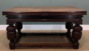 GOOD ELIZABETHAN STYLE OAK DRAW-LEAF DINING TABLE, four plank top with cleated ends above arcade