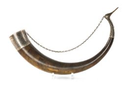 RARE RUSSIAN OR GEORGIAN SILVER-MOUNTED DRINKING HORN, c. 1900, fitted with broad niello collar,