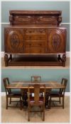 EARLY 20TH C. ELIZABETHAN STYLE CARVED OAK DINING SUITE, comprising bow front sideboard