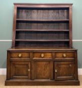 18TH C. OAK WELSH DRESSER, associated boarded rack, fitted frieze drawers & panelled cupboards