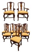 TEN QUEEN ANNE STYLE OAK DINING CHAIRS, shell carved cresting rails, yellow fabric seats (10)
