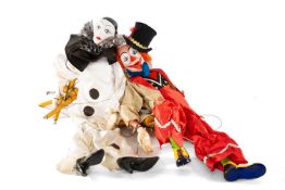 TWO CONTEMPORARY STRING PUPPETS, Pierrette and traditional clown, well painted plaster head, arms
