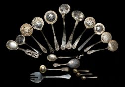 ASSORTED SUGAR SIFTING SPOONS, mostly plated, various designs and dates, together with Norwegian