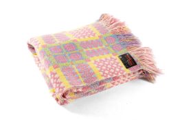 WELSH WOOL CARTHEN (BLANKET), woven in pink, yellow, blue, and white, fringe, Rock Mills label