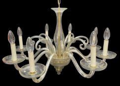 20TH C. CLEAR GLASS 8-LIGHT CHANDELIER, baluster column issuing 8 S-shaped arms between scrolled