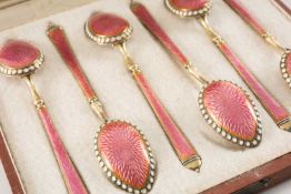 SET RUSSIAN SILVER GILT & GUILLOCHE ENAMEL COFFEE SPOONS, 84 zolotnik standard, cased