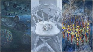 ‡ PHILIP MUIRDEN (1932-2023) oil on canvas - three paintings, two are titled, 'Chair A' and 'Virus'
