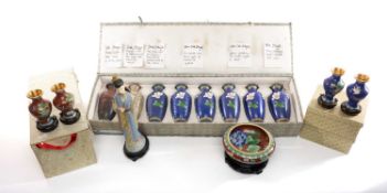 ASSORTED 20TH C. CLOISONNE ENAMEL WARES comprising boxed Empress figurine on hardwood base
