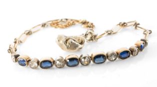 WHITE & YELLOW METAL DIAMOND & SAPPHIRE BRACELET, with white metal nugget attachment, 8.7gms