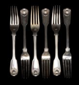 VICTORIAN SILVER DESSERT FORKS, George Adams, London 1850, double-struck fiddle, thread, and shell