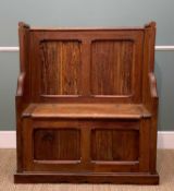 PITCH PINE BOX SETTLE BENCH with under seat storage, 117 (h) x 103 (w) x 38cms (d)