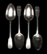 FOUR GEORGE IV SILVER DESSERT SPOONS, Francis Higgins II, London 1821, single-struck fiddle