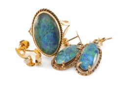 9CT GOLD BLACK OPAL TRIPLET RING, SIMILAR OPAL TRIPLET EARRINGS & DIAMOND EARRINGS, oval set ring
