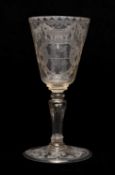 EUROPEAN WINE GLASS, conical engraved bowl with coat of arms (possibly Papal), swags and legend