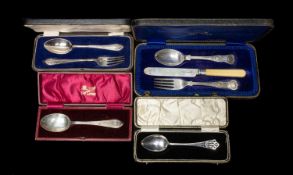 FOUR CASED SILVER CHRISTENING SETS, comprising knife and spoon set, knife, fork, and spoon set