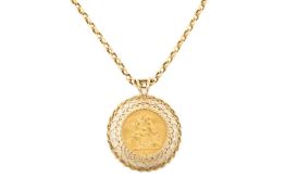 GEORGE V GOLD SOVEREIGN, 1912, set in 9ct gold pierced pendant, on 9ct gold circle link chain