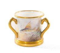 RARE MINTON CHINA MINIATURE TYG, painted by Arthur Dale Holland with river fish, gilt rims