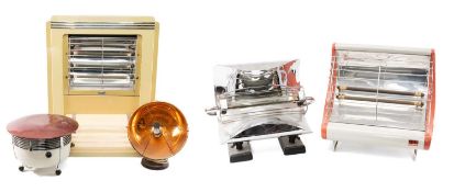 FIVE ASSORTED VINTAGE ELECTRIC HEATERS, comprising chrome H.M.V. Radiant fire with single bar