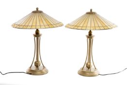 PAIR OF 'INTERIORS 1900' LEADLIGHT TABLE LAMPS, gold/black crackle finish body & base