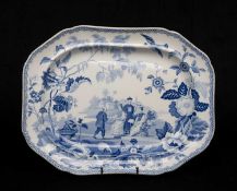 GOOD 19TH C. STAFFORDSHIRE BLUE PRINTED PLATTER, decorated with Chinese Mandarins taking tea