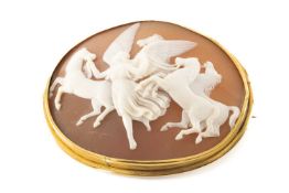 19TH CENTURY CARVED OVAL CAMEO BAR BROOCH depicting Nike, the winged Victory, conducting the four