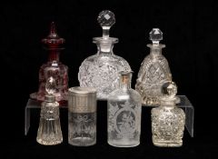 ASSORTED ANTIQUE GLASS BOTTLES, including Bohemian ruby flashed spire scent bottle and stopper