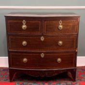 19TH C. MAHOGANY CROSSBANDED BOW FRONT CHEST, 90 (h) x 93 (w) x 53cms (d)