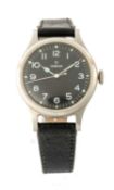 OMEGA BRITISH AIR MINISTRY STAINLESS STEEL PILOTS WRISTWATCH, black dial, Arabic numerals, centre