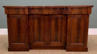 VICTORIAN MAHOGANY SIDE CABINET, inverted breakfront form, fitted frieze drawers and panelled