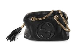 GUCCI SOHO DOUBLE CHAIN LEATHER HANDBAG, plain black, leather tassel, gold hardware, with tag