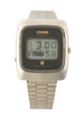 CITIZEN CRYSTRON STAINLESS STEEL LCD BRACELET WATCH, c. 1970s, ref. 60.1012, brushed rectangular