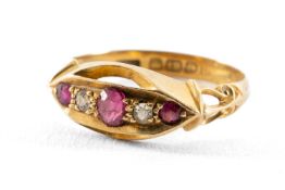 18CT GOLD FIVE STONE DIAMOND & RUBY RING, ring size Q, 2.9gms in E. R. Davies & Sons of Llandysul