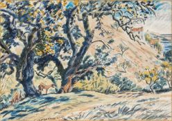 EDGAR HOLLOWAY (1914-2008) watercolour - entitled verso, 'Goats and Carob Trees, Costa Del Sol'