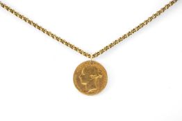 VICTORIAN GOLD SOVEREIGN, young head, (drilled) on plated circle link chain, coin weighs 7.9gms