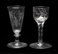 TWO ANTIQUE DRINKING GLASSES, comprising conical stem ale glass engraved with hops and barley