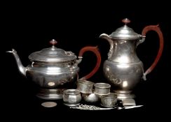 GEORGE VI SILVER TEAPOT & COFFEE POT, F. C. Richards, together with five napkin rings, vesta case