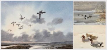 ‡ L. WILLIAMS watercolour - a flock of wigeon's in flight, signed, 12 x 17.5cms, framed